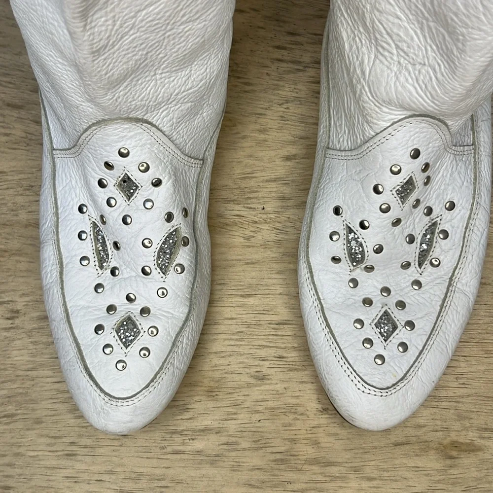 White Over-the-Knee Cutout & Stud Leather Boots — Women's
